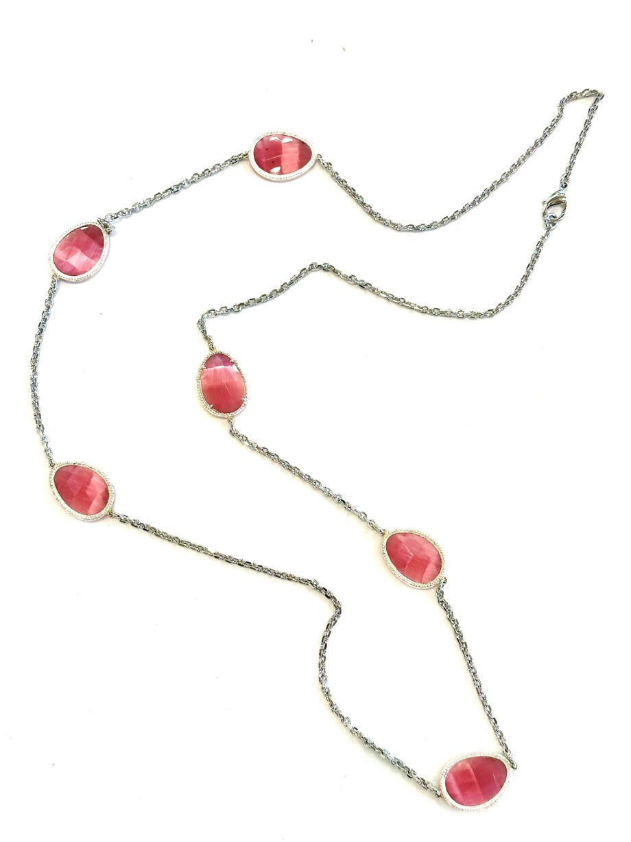 Collana lunga pietra eyescat rosa placcata argento Cora Regina