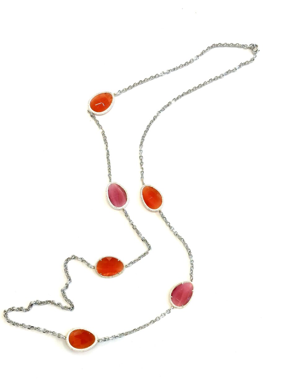 Collana lunga pietre eyescat rosa/arancio placcata argento Cora Regina